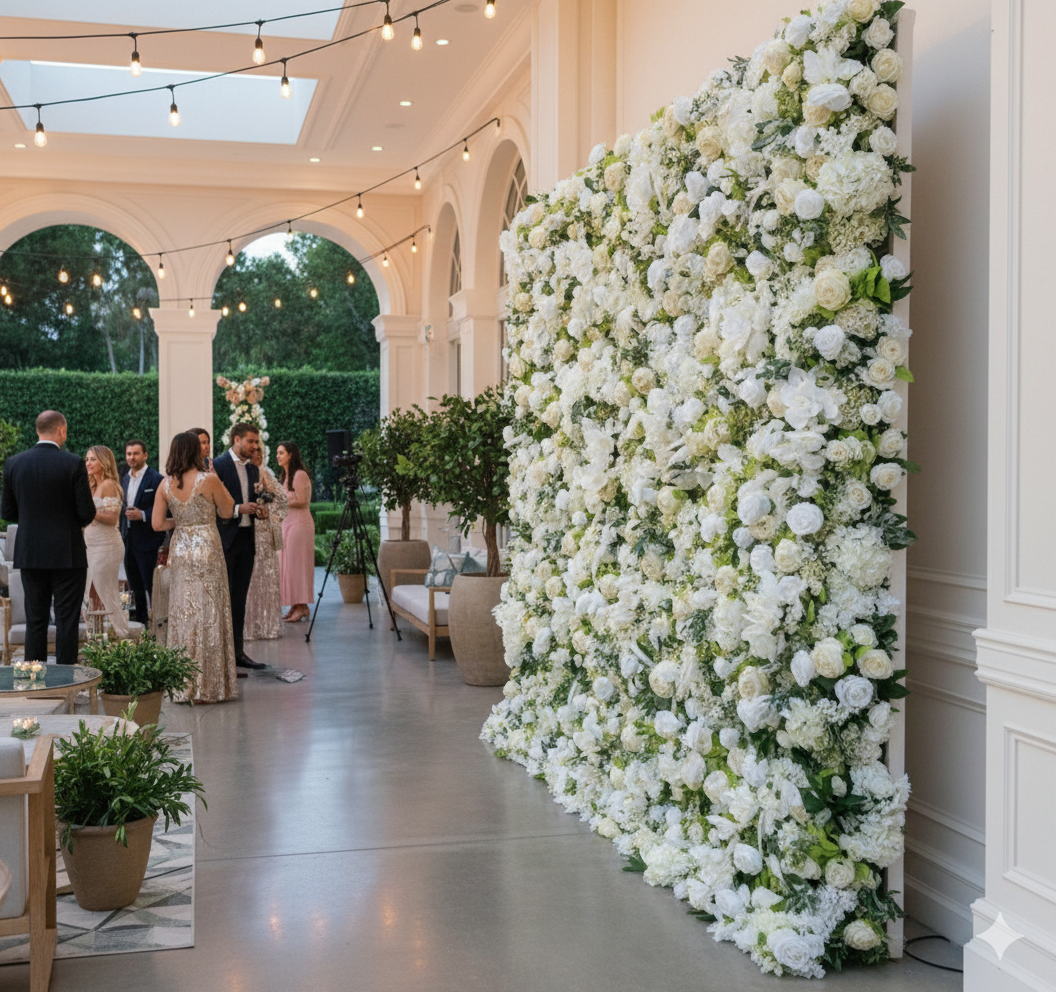 Wedding reception with a floral wall with photo booth spot in jupiter, florida in palm beach.