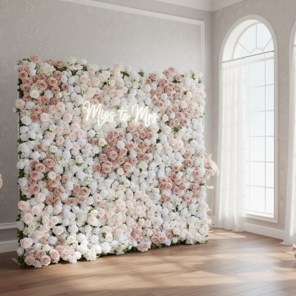 Side view of a Roselle flower wall rental in south florida for a wedding shower