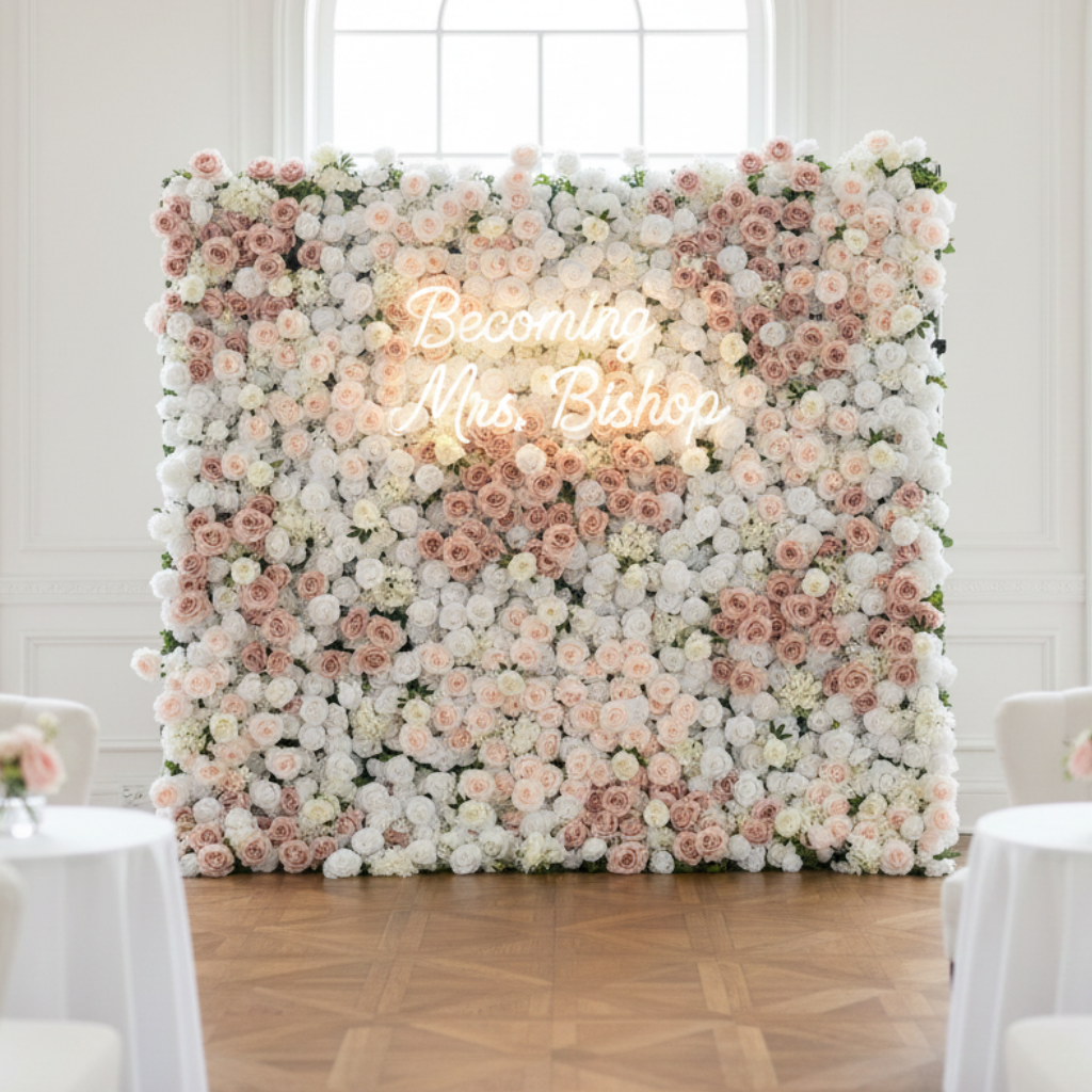 Roselle flower wall rental in vero beach, florida for a bridal event with a custom sign.