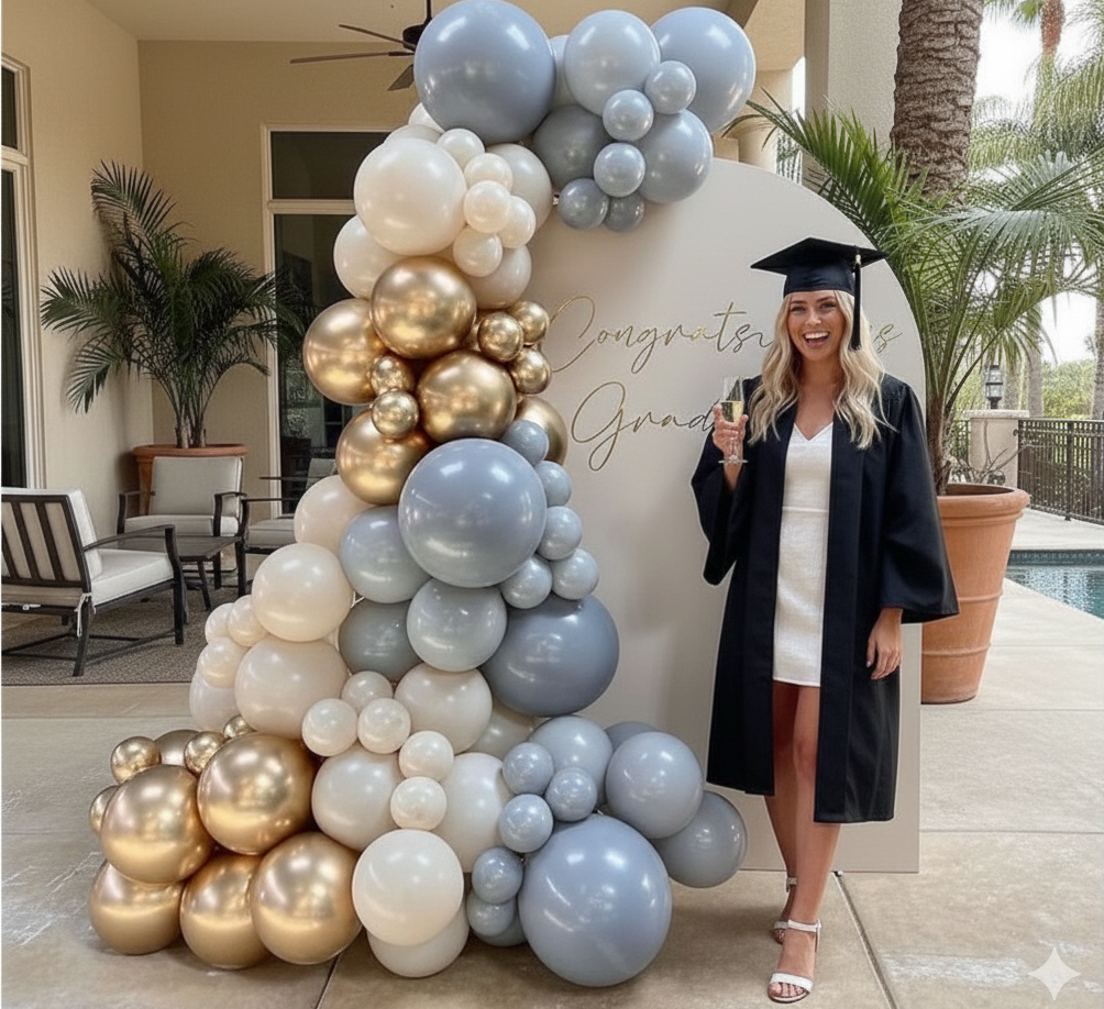 graduation party balloon arch with wooden backdrop in west palm beach florida. 