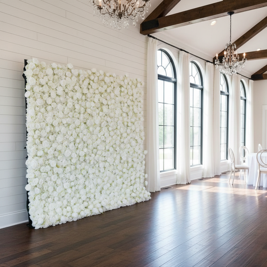 Luxury Flower Wall, all white in a Barn Wedding Venue in Melbourne Florida.