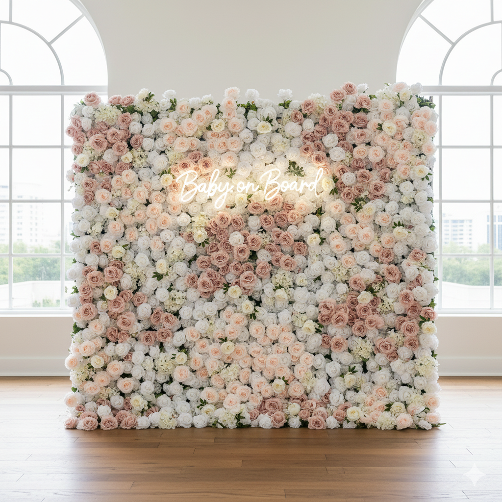 Roselle flower wall rental in stuart and jensen florida for a baby shower, with a custom sign